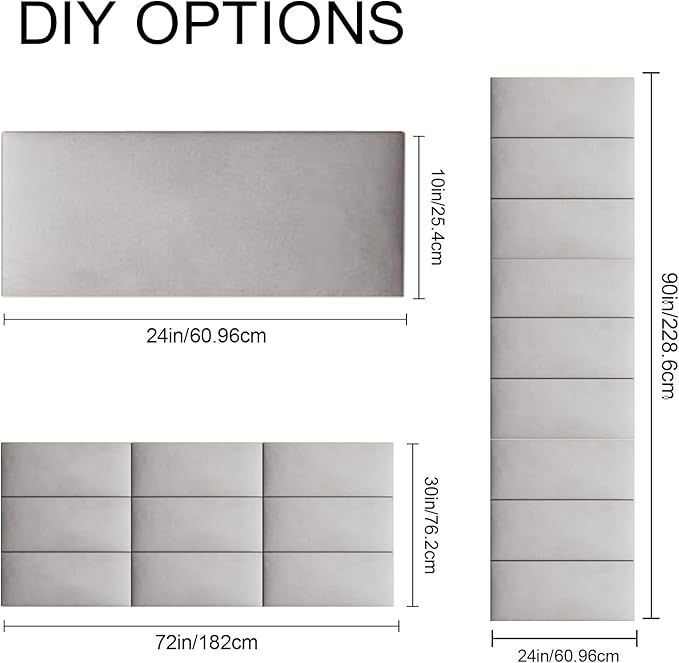 Upholstered Wall Mounted Headboard, 3D Soundproof Wall Panels Peel and Stick Headboard for Queen Size, Tufted, Light Grey (9 Panels, 10" x 24")