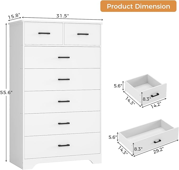Hasuit Tall Dresser for Bedroom, White Large Chest of Drawers, 55.6'' High Dressers with 7 Drawers, Modern Wooden Vertical Storage Clothes Closet Organizer