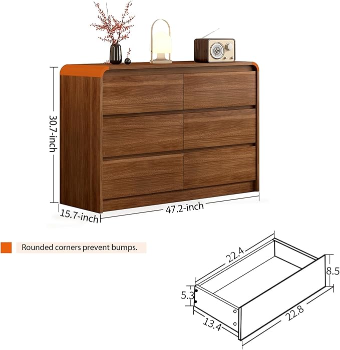 Modern 6 Drawer Dresser, 47-Inch Wood Chest of Drawers, Curved Anti-Collision Design, Mid-Century Storage Cabinet, Pre-Embedded Slots, Natural Texture, for Bedroom, Living Room, TV Stand, Nursery