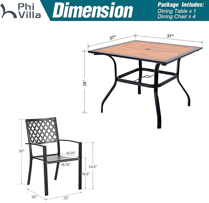 PHI VILLA Metal Outdoor Patio Dining Chairs and 37"x37" Wood-Like Square Table Furniture Set of 5