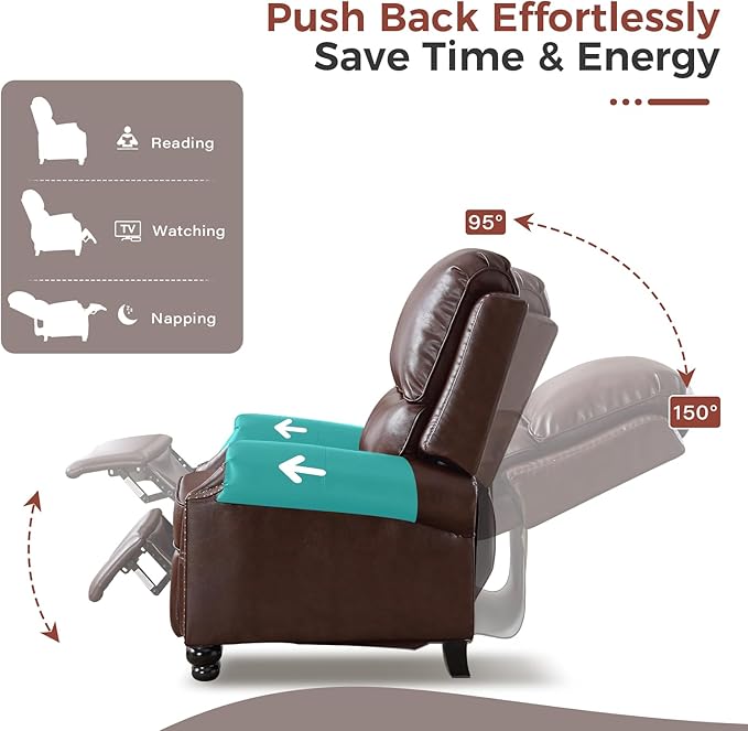 ANJ Push Back Recliner Chair, Textured Leather Overstuffed Wingback Recliner, Adjustable Pushback Chair with Padded Seat and Back, Single Reclining Sofa for Living Room, Bedroom(Dark Brown)