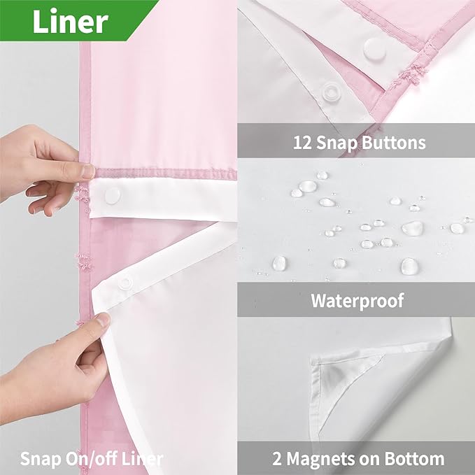 No Hook Boho Farmhouse Shower Curtain with Snap-in Fabric Liner set-71Wx74H(72H),Pink Tufted Chevron Striped Hotel Grade Cloth Shower Curtains for Bathroom with Window,Water Repellent