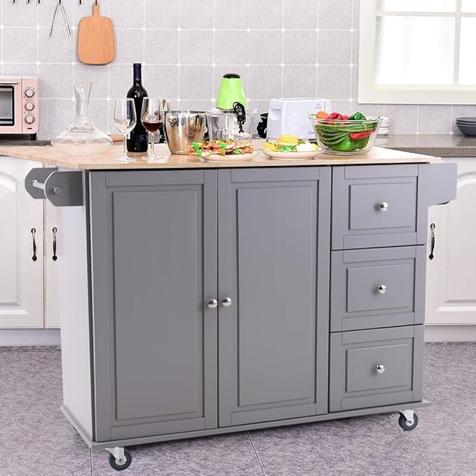 PHI VILLA Kitchen Island Cart on Wheels - Mobile Kitchen Island with Drop Leaf, Rolling Kitchen Table with Storage