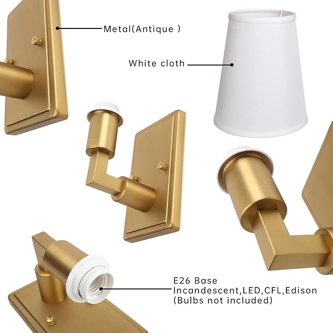 Wall Sconce 1-Light Fixture Antique Finish with White Fabric Shade, E26 Hardwired Indoor Wall Light for Vanity Bathroom Living Room Bedside Nightstand Light