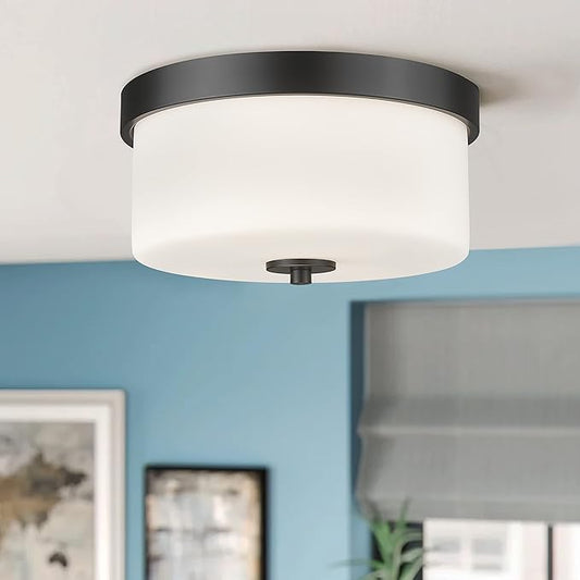 EMAK Black Modern Flush Mount Ceiling Light Fixture with Milk Glass, FM082-BK-ML