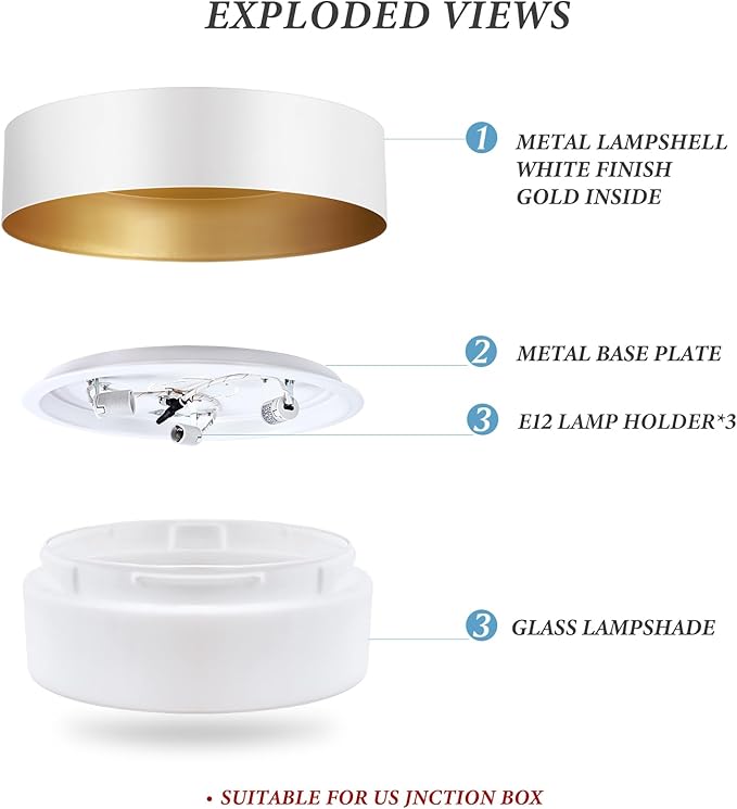 Vikaey Modern Mid Century Flush Mount Ceiling Light, 3-Light Minimalist Round Light Fixture, White Drum Ceiling Lamp with Glass Lampshade for Bedroom, Living Room, Kitchen, 16.5in