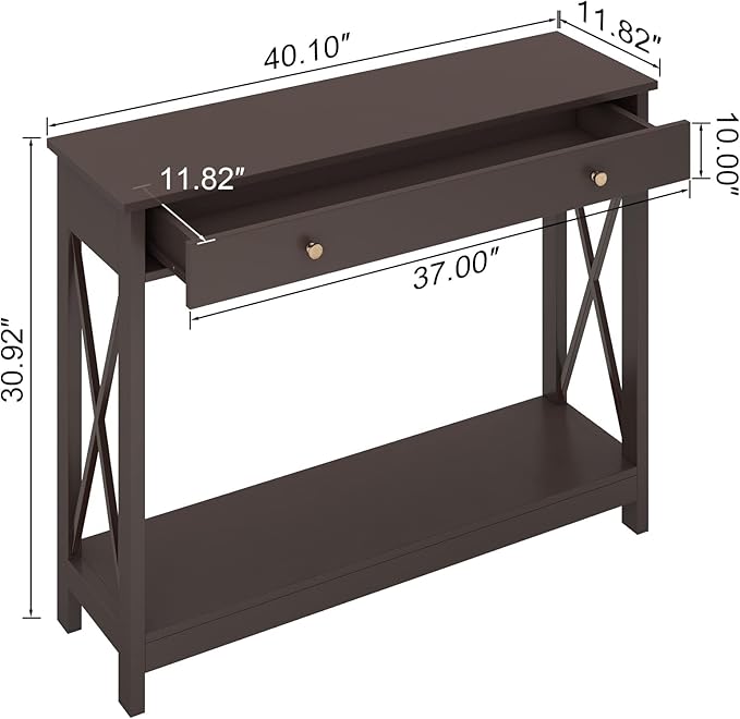 Treocho Black Console Table with Drawer and Storage Shelves, Foyer Sofa Table Narrow for Entryway, Living Room, Hallway