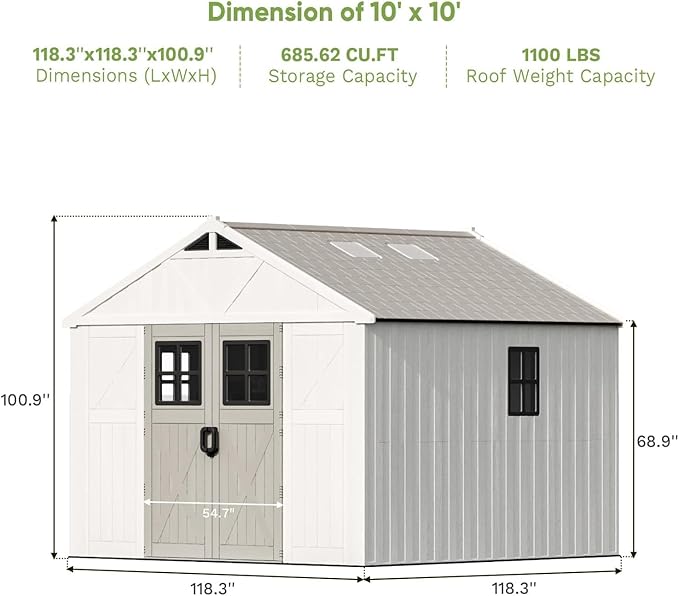 Patiowell 10x10 FT Outdoor Storage Shed, Plastic Shed with Floor and Skylight, Four-Window Resin Storage Shed with Lockable Door for Garden, Patio, Backyard, Beige