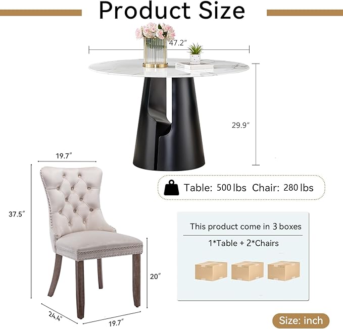 3-Piece Faux Marble Round Dining Table Set for 2, Modern Luxury Kitchen Table Set for 2 with Beige Tufted Chairs,Circle Dining Tables with White Marble Grain Top and Black Pedestal Base