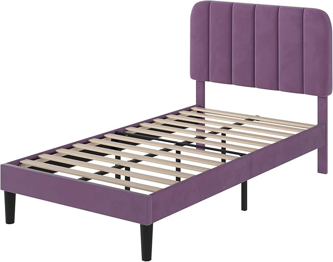 VECELO Twin Size Bed Frame with Upholstered Headboard, Velvet Platform Bedframe Mattress Foundation, Strong Wood Slat Support, No Box Spring Needed,Purple