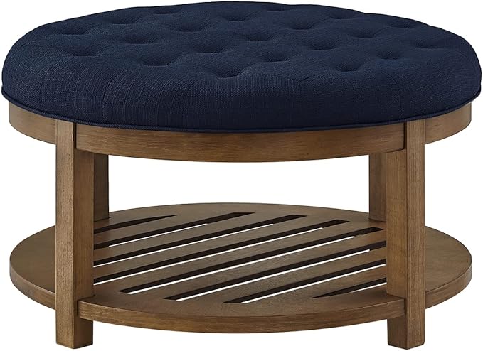 24KF Large Round Upholstered Tufted Linen Ottoman Coffee Table, Large Footrest Ottoman with Wood Shelf Storage- Navy Blue