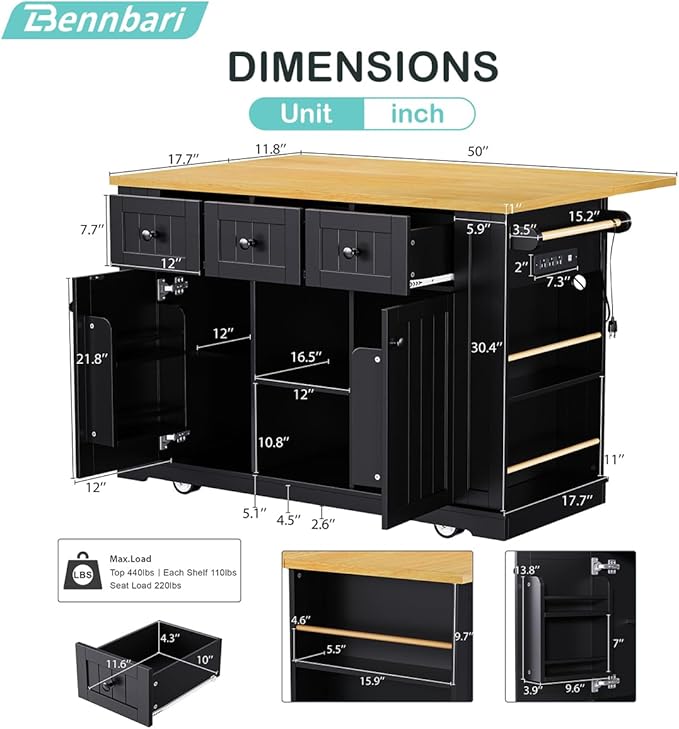 Rolling Kitchen Island with Storage, Kitchen Cart on Wheels with Drop Leaf, Mobile Kitchen Storage Cart with Power Outlet, Open Side Racks, 53 Inch Width, Three Drawers (Black)