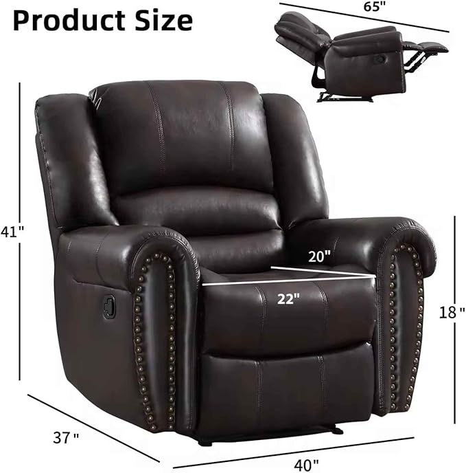 INZOY Leather Recliner Chair, Heavy Duty Manual Reclining Sofa Single Lounge Sofa for Living Room, Home Theater Seating, Dark Brown