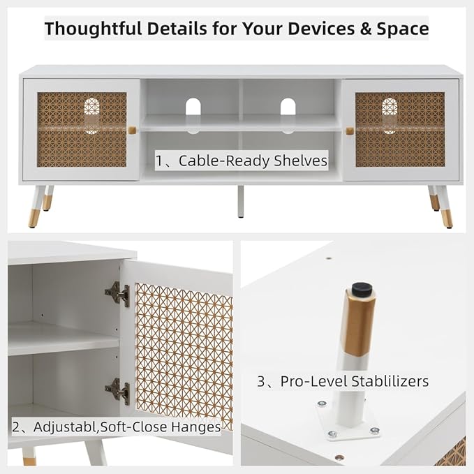 Mid Century Modern TV Stand for Living Room, TV Consoles for TVs Up to 75" - White Entertainment Center, 2 Gold Metal Mesh Doors & MDF Wood Grain, 15.8" D x 66" W x 23.5" H
