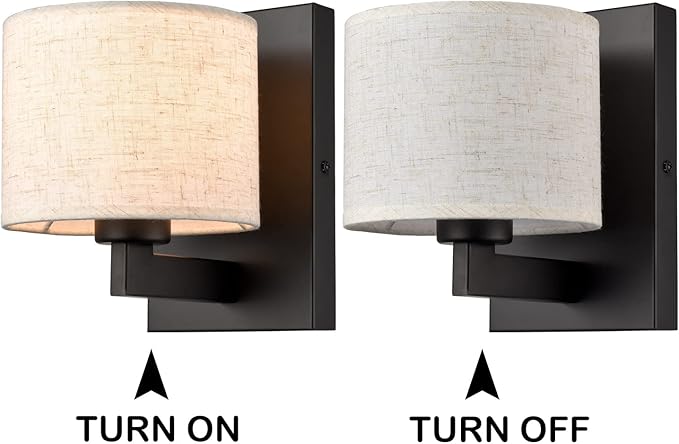 SAMTEEN Farmhouse Black Wall Sconces Set of Two Modern Fabric Shade Sconces Wall Lighting Black Wall Lamp with Drum Shade for Bedroom Bedside Living Room (Beige Shade)