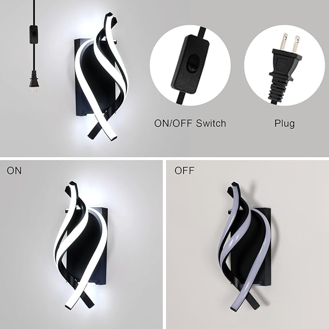 Modern LED Plug in Wall Sconce, 21W Black Indoor Wall Lights with Plug and Switch, Wall Lamps for Living Room, Bedroom, Hallway, Stairway, 6500K Wall Mounted Light