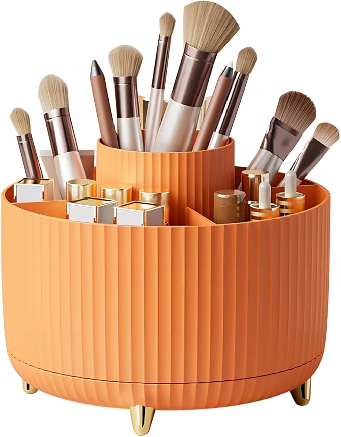DASITON Large Capacity Makeup Brush Holder,360° Rotating Makeup Organizer,5 Slot Makeup Brushes Cup,for Vanity Decor,Bathroom Countertops,Desk Storage Container,Cosmetic Display cases(Orange)