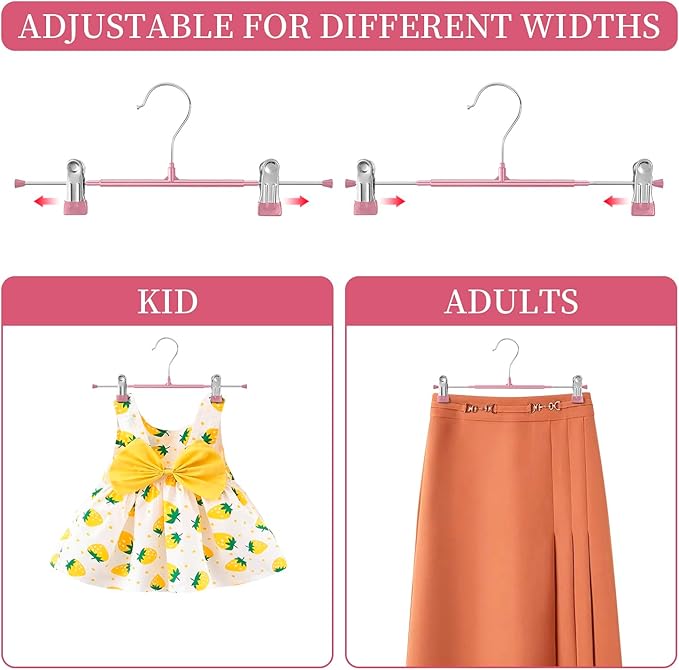 Pants Hangers with Clips 20 Pack Adjustable Skirt Hangers for Women Non-Slip Trousers Hanger for Jeans Clothes Hangers for Pants Heavy Duty Space Saving Shorts Hangers,Pink,14Inch