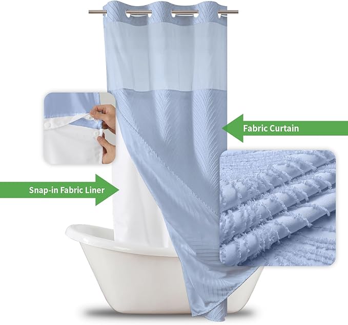 stall no Hook Tufted Shower Curtain with snap in Liner Set, White Waterproof Fabric Inner Liner,Boho Style Shower Curtain with See Through top Window, FrostBlue, 36Wx74H