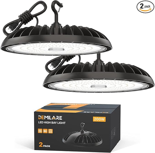 2 Pack LED High Bay Light 200W 30000 lm, 5000K UFO High Bay Led Shop Lights ETL Listed US Hook 5' Cable Plug, 800W MH/HPS Eqv. Commercial Lighting for Workshop, Garage, Warehouse 100-277V