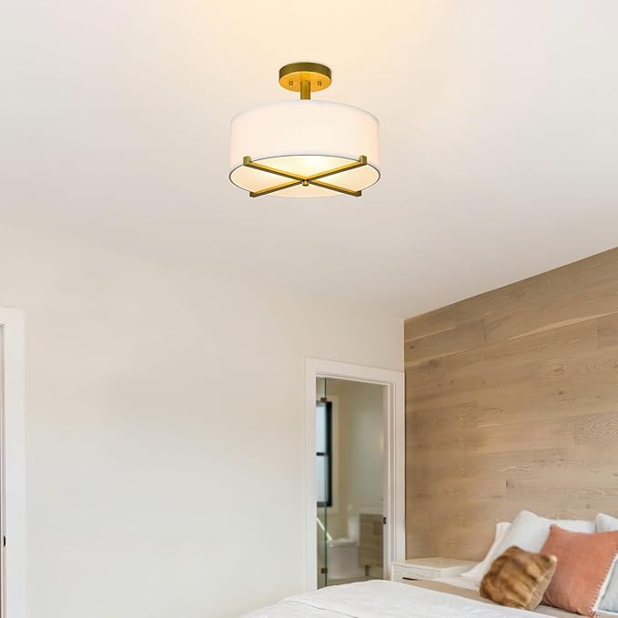 XiNBEi Lighting Semi Flush Mount Ceiling Light Modern Gold Brass Drum Light Fixture with Fabric Shade 3-Light Drum Ceiling Lighting for Living Room, Bedroom, Kitchen, Dining Room, Hallway
