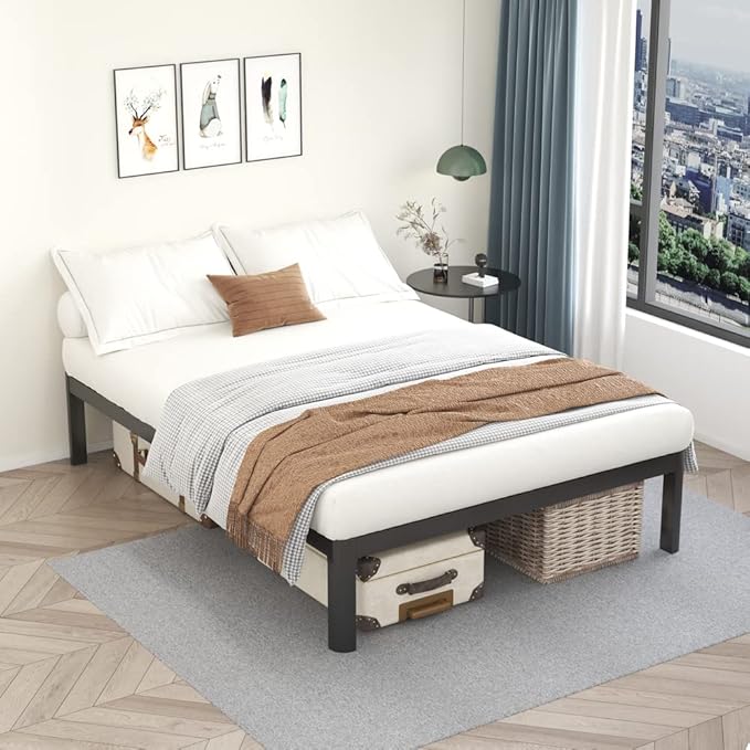 MAF Metal 18 Inch Queen Platform Bed Frame with Anti-Collision Round Legs, Black 3500 Lbs Heavy Duty Bed Frame with Wood Slats, No Box Spring Needed, Easy Assembly