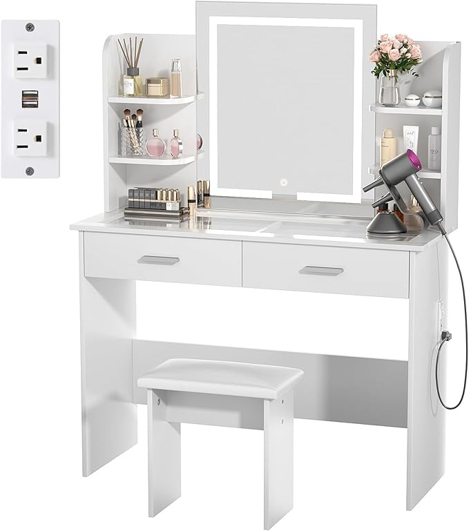 SMOOL Vanity with Lighted Mirror, Makeup Vanity Desk with Glass Top & Power Outlet, 3 Color Light Options, Vanity Table with 6 Storage Shelves, 2 Large Drawers and Cushioned Stool for Bedroom, White