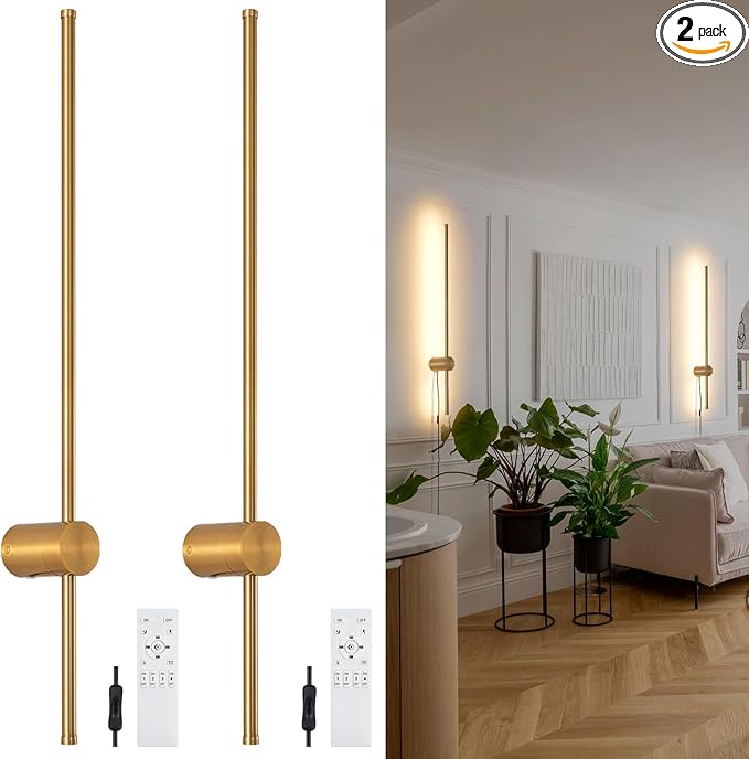 Dimmable Plug in Wall Sconce Set of 2, Gold 31.5" LED Wall Light with Remote, Adjustable Color Temperature Brightness Wall lamp with Timer for Living Room,Bedroom and Accent Lighting