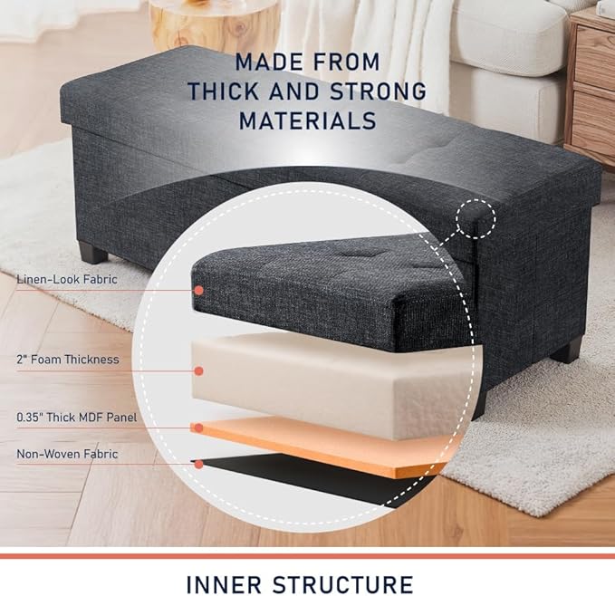 Ornavo Home 43 Inch Storage Ottoman, Large Storage Bench, Ottoman with Storage with Legs, Foot Rest Stool, Bedroom Bench - Black