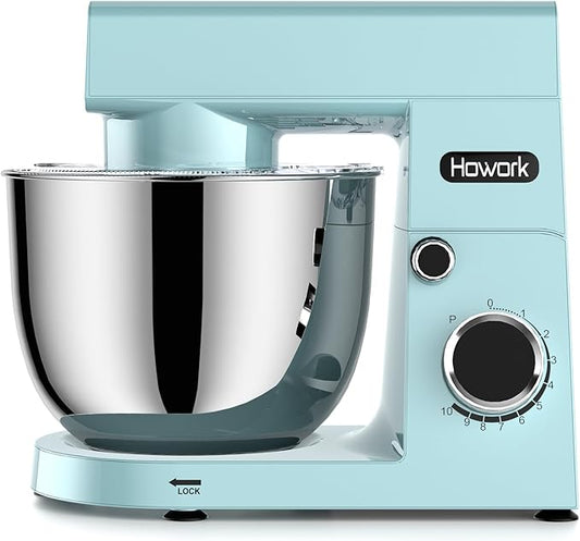 HOWORK Stand Mixer,10+p Speeds With 5.5QT Stainless Steel Bowl,Dough Hook, Wire Whip & Beater,for Most Home Cooks,Blue