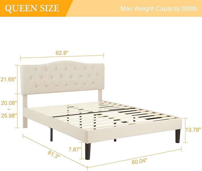 VECELO Queen Size Platform Bed Frame with Fabric Upholstered Headboard and Wooden Slats Support, No Box Spring Needed/Easy Assembly,Beige