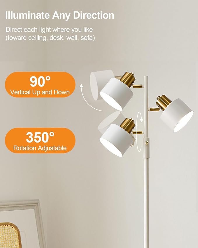 OYEARS Floor Lamp for Living Room Bright Lighting Tall Modern Industrial Vintage Standing Corner Lamps LED Metal Light Office Bedroom Study Gold Black Cream Matte Accent (3-Light, Cream)