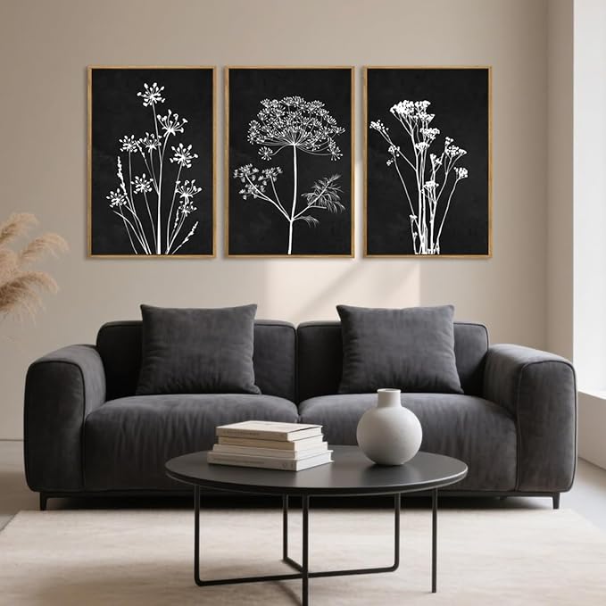 BINCUE Framed Botanical Wall Art Black Grey and White Plant Floral Print Canvas for Living Room Bedroom Office 3 Panel 16x24 Inches