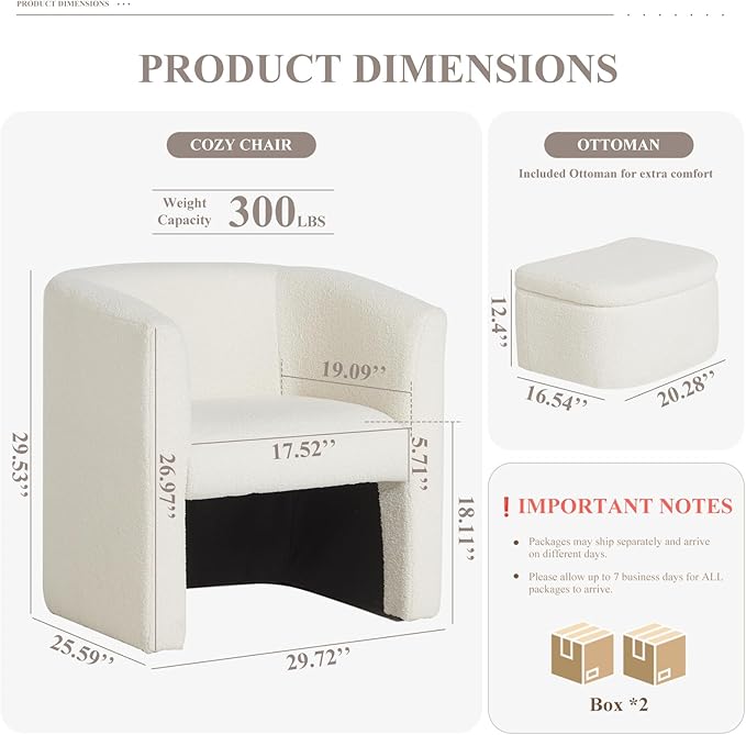 COLAMY Upholstered Sherpa Barrel Accent Chair with Storage Ottoman, Morden Living Room Chair, Armchair Single Sofa for Bedroom/Reading Spaces, Cream