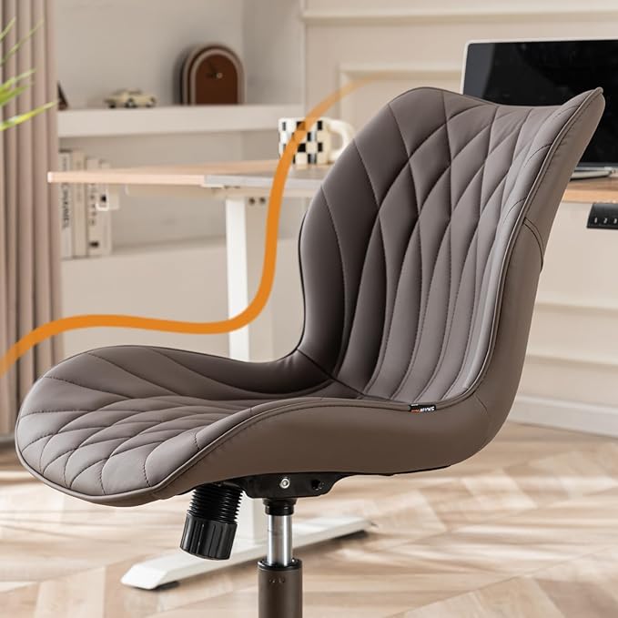 YOUNUOKE Armless Desk Chair Comfy Office Chair with Wheels Home Ergonomic Task Chair Adjustable Computer Chairs Modern Faux Leather Swivel Chair Upholstered Makeup Vanity Chair with Back(Brown)