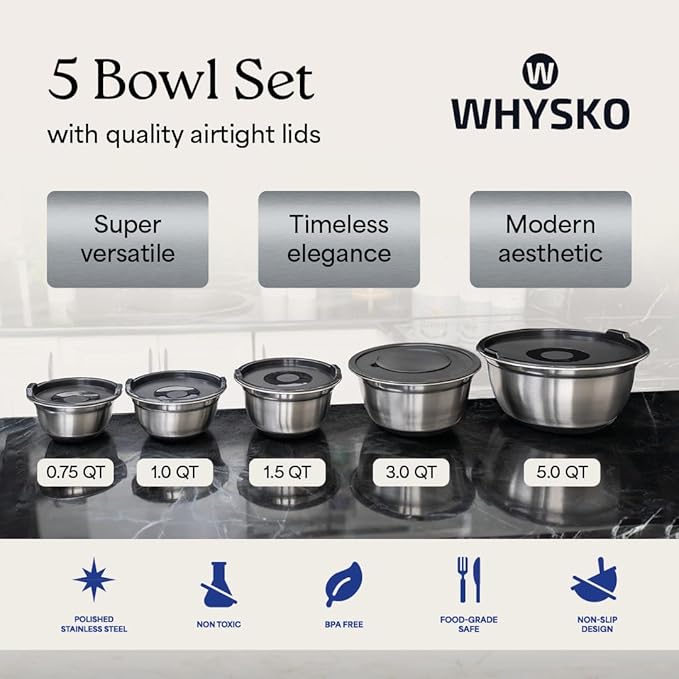 WHYSKO Stainless Steel Mixing Bowls with Lids Set - 5 Rustproof Metal Nesting Mixing Bowls for Kitchen, Meal Prep, Baking, Cooking, Storage - Includes 3 Grater Attachments, Dishwasher Safe