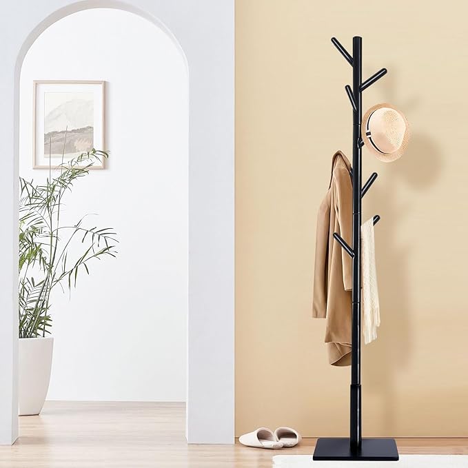 Coat Rack Freestanding with Stable Square Base for Cloathes, Hat, Used in Bedroom, Office and Entryway, Sturdy and Easy Assembly Coat Tree with 3 Adjustable Sizes and 8 Hooks, Black