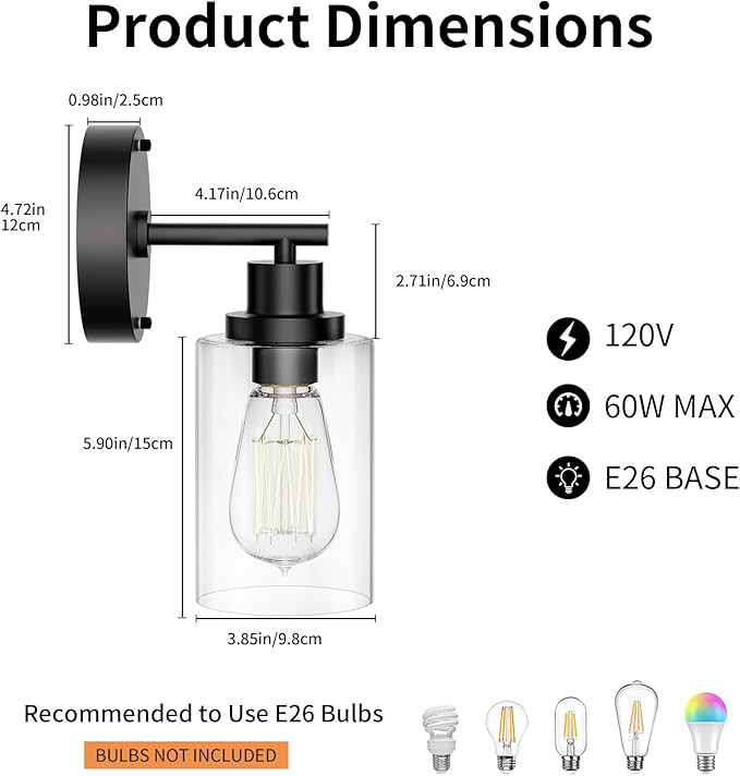 Bathroom Wall Sconces Set of Two: Black Vanity Light Fixtures with E26 Base LED Cordless Indoor Wall Mount Lamp for Mirror Bedroom Hallway Stairway Modern Decor Lighting