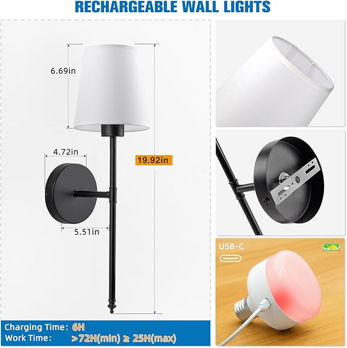 NIORSUN 19.9 inch Battery Operated Wall Sconce Set of 2,Black Rechargeable Wall Lights with 5200mAh Dimmable Detachable Bulbs and Remote,10 Colors Wireless Sconces for Bedroom Living Room Hallway
