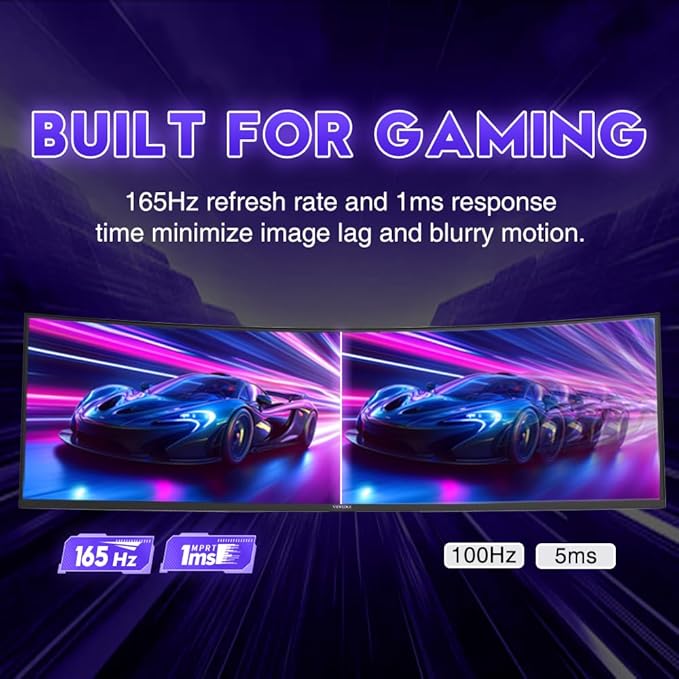 Viewedge 49" Curved Monitor Ultrawide Gaming 165Hz 1ms 32:9 DQHD 5120 x 1440P Computer Monitor, R1500, 110% sRGB, DisplayPort, HDMI,Support Crosshair and Wall Mount