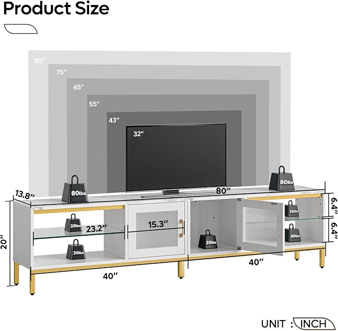 Bestier 80 Inch TV Stand for TVs Up to 85", 4 in 1 Entertainment Center with LED Lights, Modern Media Console Table with 2 Storage Cabinets & Adjustable Shelves for Living Room Bedroom, White Marble