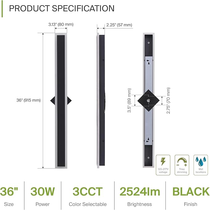 ASD LED 36" Long Wall Mount Light Fixture, Outdoor & Indoor Linear Sconce | 3CCT, Dimmable, Waterproof, Anti-Rust, ETL Listed | 30W 2500LM 3000-5000K 100-277V | Exterior Porch Lighting | Black