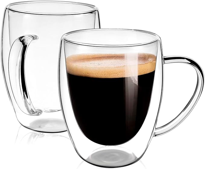 Clear Glass Double Wall Insulated Round Coffee Mugs Set of 2 Pieces - Medium Size 12oz Best Reusable Coffee Mug for Home Cafe Restaurant Perfect for Espresso Capucinno Lungo Latte Coffee