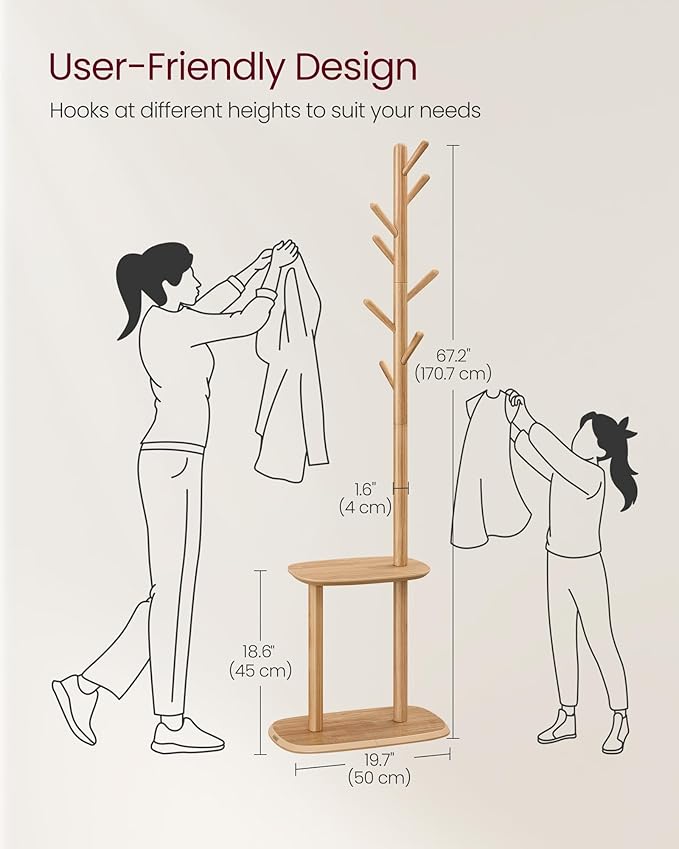 VASAGLE Coat Rack, Free Standing Coat Stand, Hall Coat Tree with 8 Hooks and Storage Shelf, 67.2 Inch Tall, for Coats, Hats, Bags, for Entryway, Hallway, Bedroom, Natural Beige URCR040N02