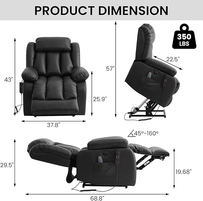 TEKAMON Power Lift Recliner Chair for Elderly with Heat & Massage, Dual Motor Breathable Leather Recliner, Lay Flat Sleeping Chairs with Infinite Position, RemoteControl & USB Ports(Black)