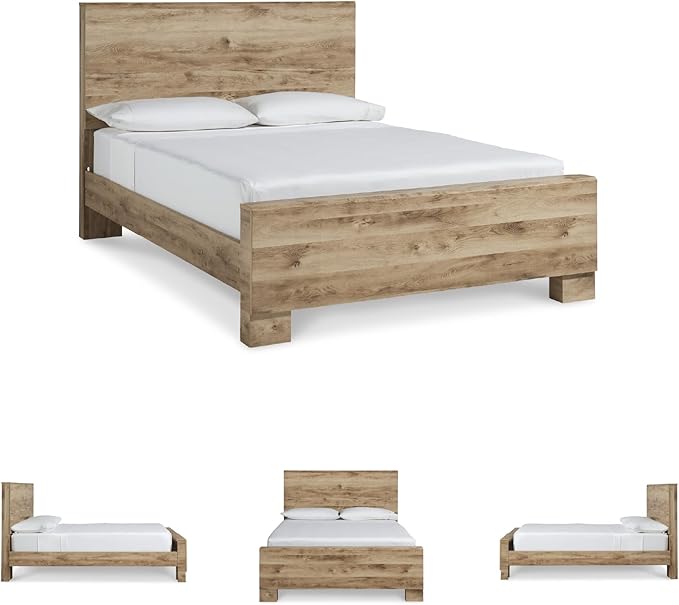 Signature Design by Ashley Hyanna Rustic Queen Panel Bed with Metal Slats, Foundation or Box Spring Needed, Light Brown