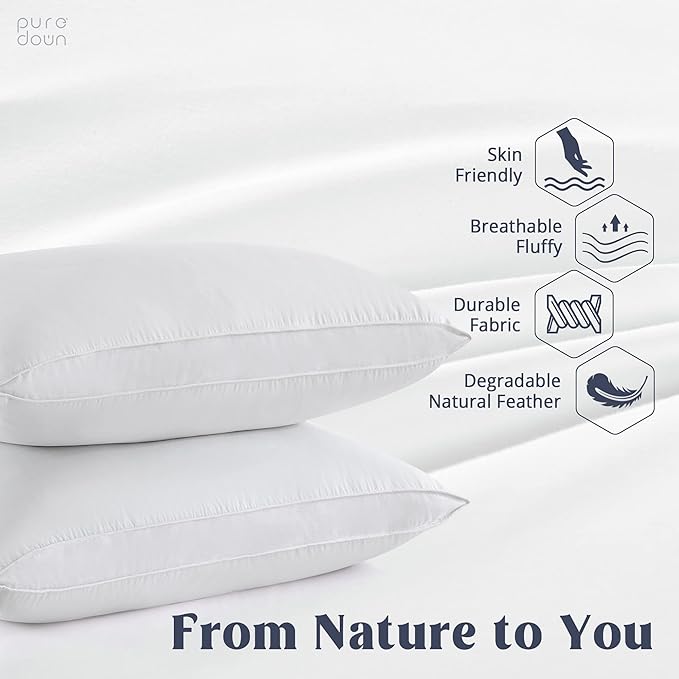 puredown® Goose Feather Down Sleeping Pillow Soft Bed Pillow for Sleeping with 100% Cotton Shell Set of 2 Queen Size