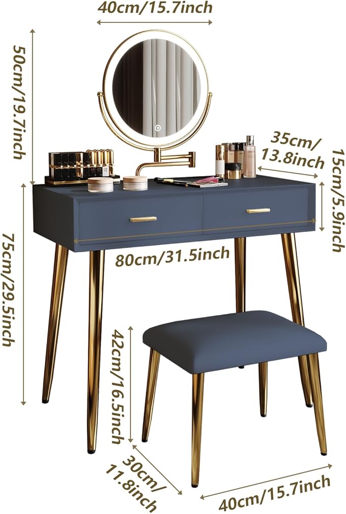 IKuinen Makeup Vanity Desk with Mirror and Lights, Small Vanity Table with 2 Drawers, Stool,Vanity Set for Bedroom with Microfiber Leather, 3 Lighting Modes - 31.5In Blue