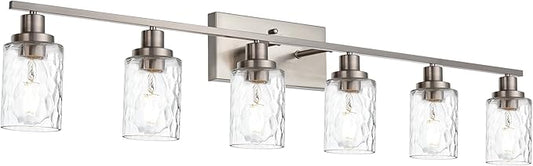 MELUCEE 6-Light Bathroom Vanity Light Brushed Nickel Finish with Clear Hammered Glass Shade, Industrial Wall Light Fixtures for Bath Mirror Bedroom Dressing Table (Patent No.: US D963914 S)