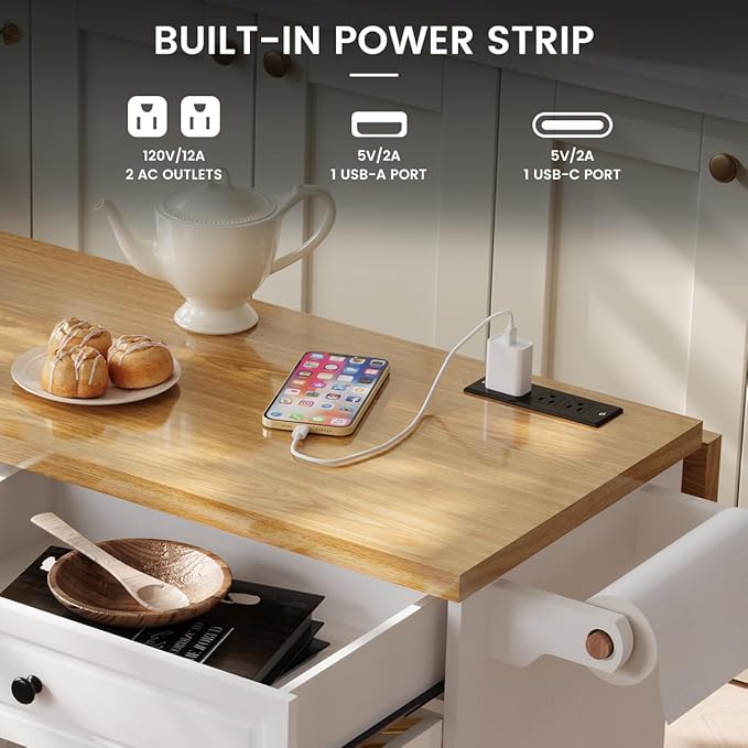 COCO DESIGN 60" Rolling Kitchen Cart with Power Strip & Drop Leaf, Thick Countertop, Large Storage Cabinet & Drawers, Mobile Island with Locking Wheels, Towel Rack and Spice Rack for Kitchen, White